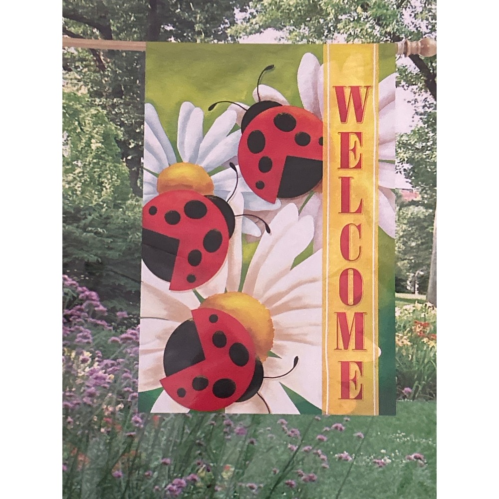 Garden Yard Flag 28x40 Ladybugs Welcome Daisies Spring NWT Vtg 2006 Outdoor